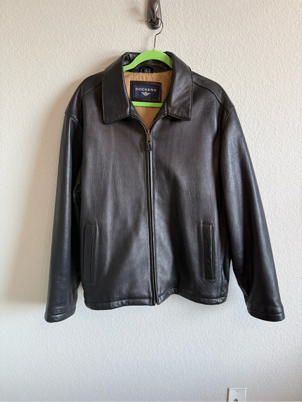 Dockers Black Leather Zip Bomber Jacket 100% Lamb Leather Coat Size XL